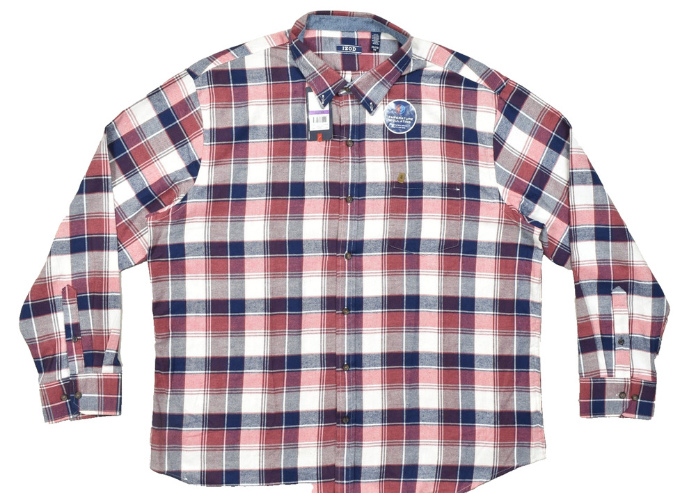 IZOD Advantage Performance Men's XXL Red Navy Plaid Flannel Shirt Long Sleeve